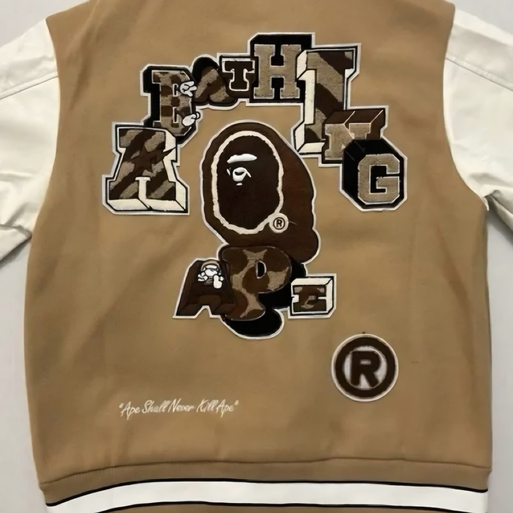 A BATHING APE BAPE MULTI MOTIF VARSITY JACKET BEIGE SIZE XXL (NWT) - Picture 2 of 10